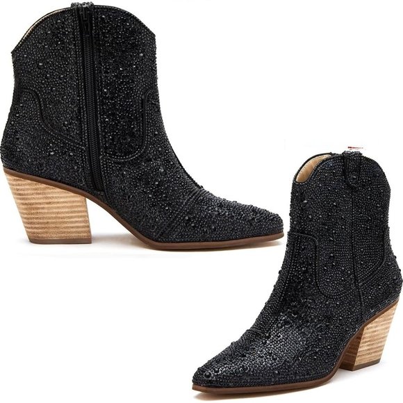 Sparkling Bling Things Shoes - NWT Sparkling Bling Swarovski Crystal BLACK Women Ankle High Cowboy Boot…